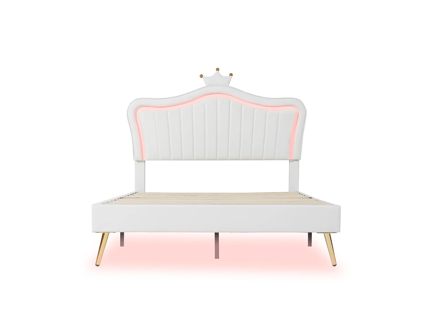 Lit Princesse Rembourré Blanc 140x200 cm avec LED Multicolore, Tête de Lit Coquille Couronne PU Cuir, Réglable 3 Positions,200 kg