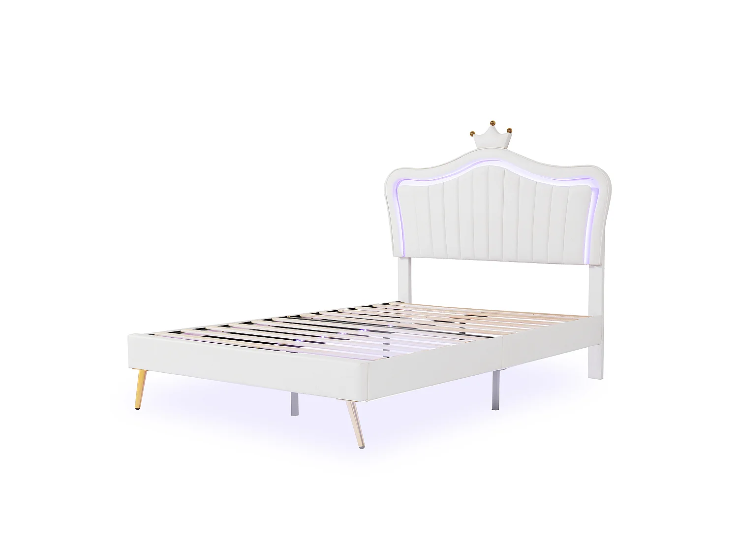 Lit Princesse Rembourré Blanc 140x200 cm avec LED Multicolore, Tête de Lit Coquille Couronne PU Cuir, Réglable 3 Positions,200 kg