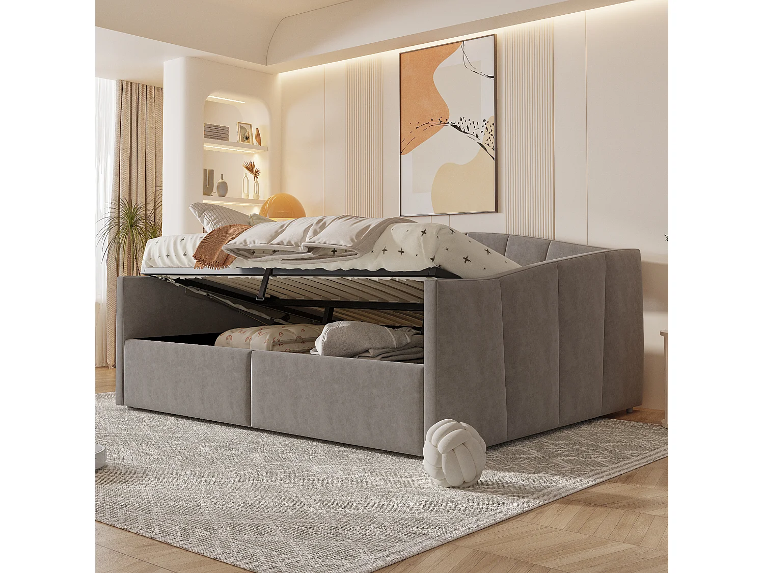 Canapé Lit Velours Gris 140x200 cm avec Rangement Hydraulique, Rayures Classiques Accoudoirs, Banquette Convertible Double
