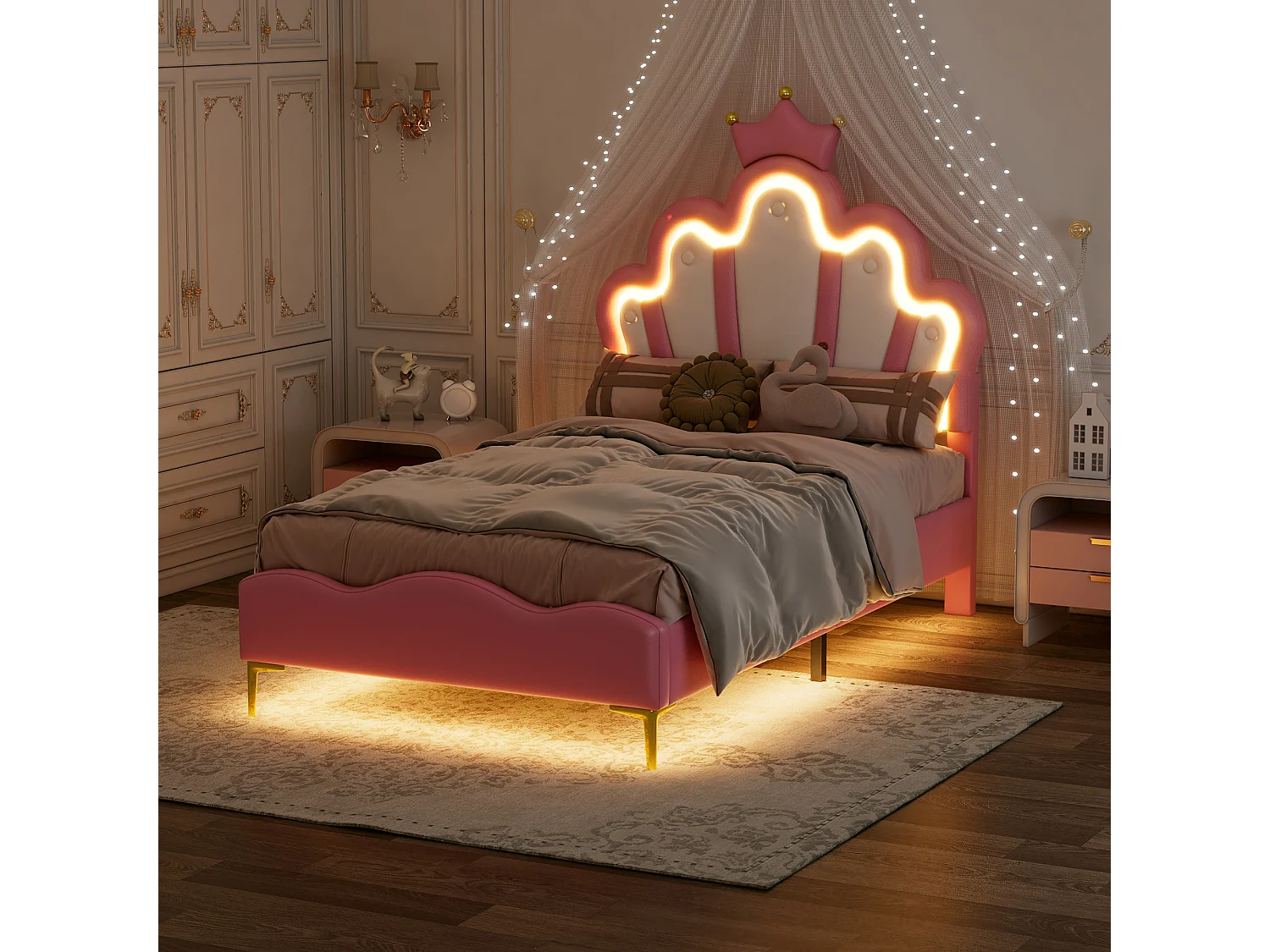 Lit 90x200 cm couronne princesse avec bande LED réglable, tête de lit rembourrée en similicuir rose