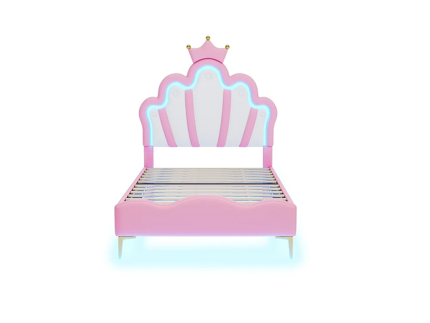 Lit 90x200 cm couronne princesse avec bande LED réglable, tête de lit rembourrée en similicuir rose