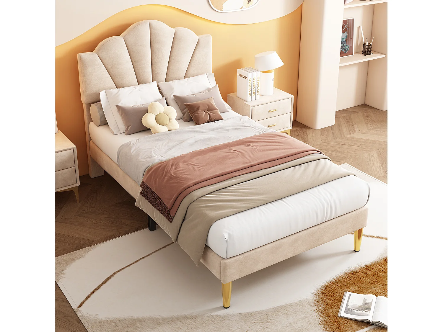 Lit Rembourré Velours 90x200 cm avec Tête de Lit Coquille Réglable 2 Positions, Pieds Métal Doré, Design Élégant, Beige