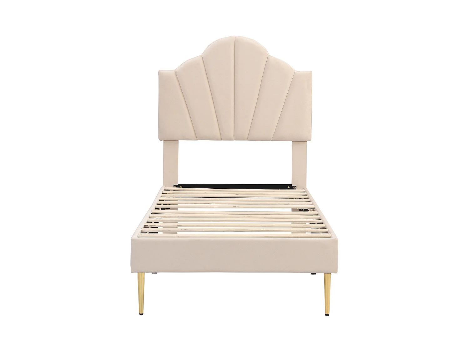 Lit Rembourré Velours 90x200 cm avec Tête de Lit Coquille Réglable 2 Positions, Pieds Métal Doré, Design Élégant, Beige