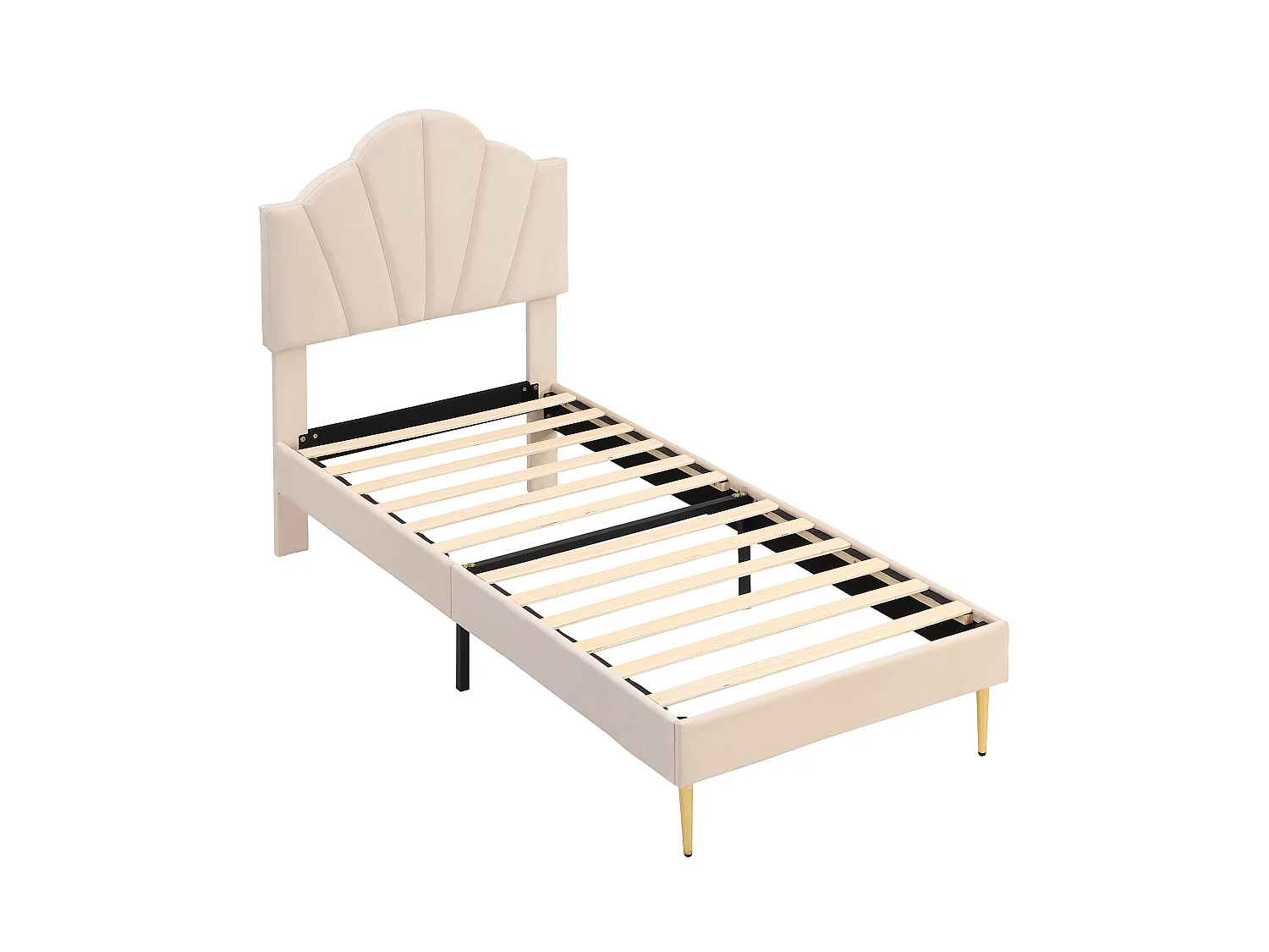 Lit Rembourré Velours 90x200 cm avec Tête de Lit Coquille Réglable 2 Positions, Pieds Métal Doré, Design Élégant, Beige