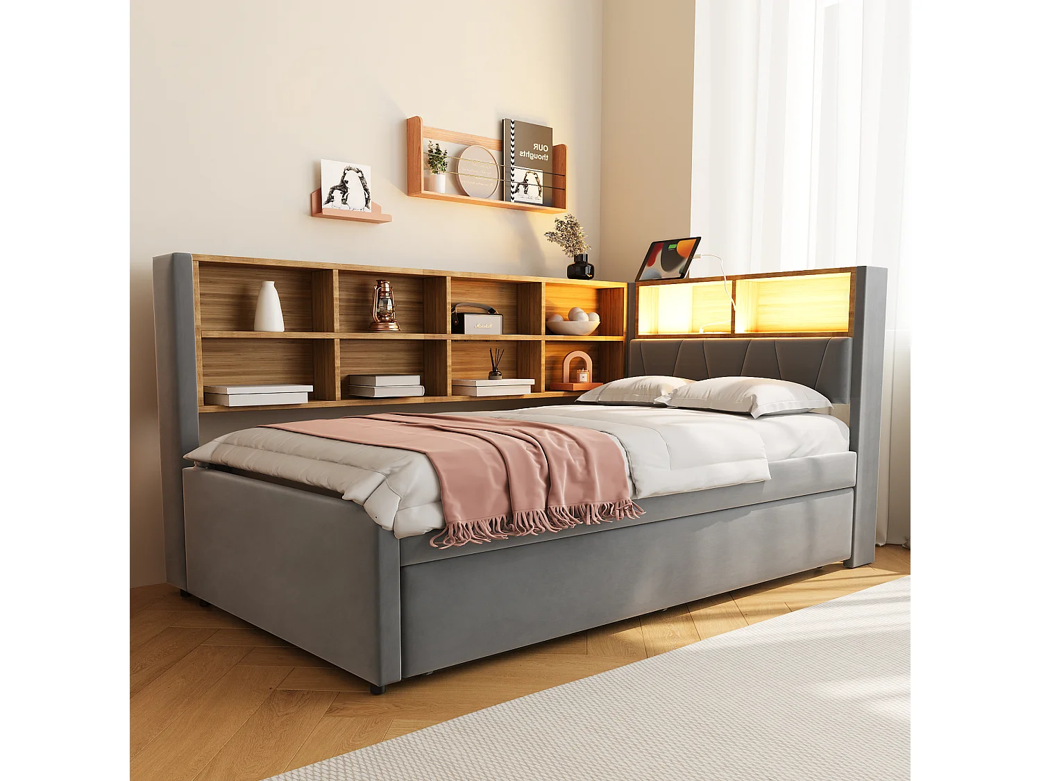 Canapé Lit Tiroir 90x200 cm avec Lit Gigogne 90x190, LED et Prises USB Type-C, Tissu Flanelle Gris Foncé, Multifonctionnel Rangement