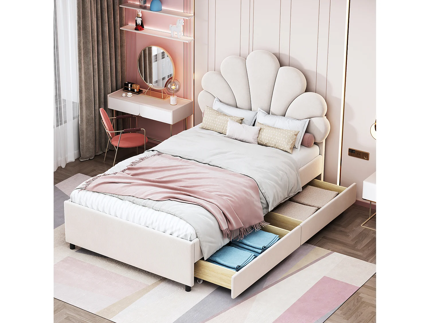 Lit Capitonné 90x200 cm, Tête Fleurie, 2 Tiroirs, Enfant Fille, MDF Métal, 200 kg, Sans Matelas, Chambre Invité, Velours Beige