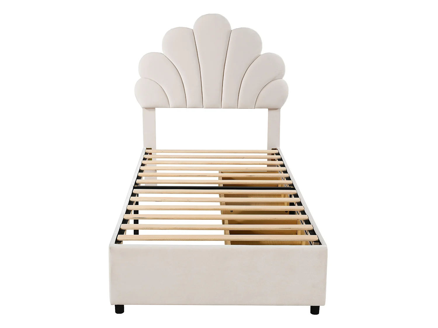 Lit Capitonné 90x200 cm, Tête Fleurie, 2 Tiroirs, Enfant Fille, MDF Métal, 200 kg, Sans Matelas, Chambre Invité, Velours Beige
