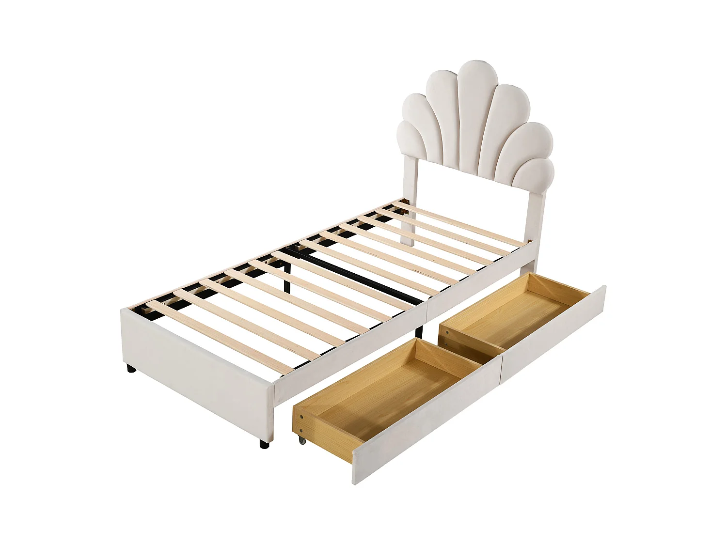 Lit Capitonné 90x200 cm, Tête Fleurie, 2 Tiroirs, Enfant Fille, MDF Métal, 200 kg, Sans Matelas, Chambre Invité, Velours Beige