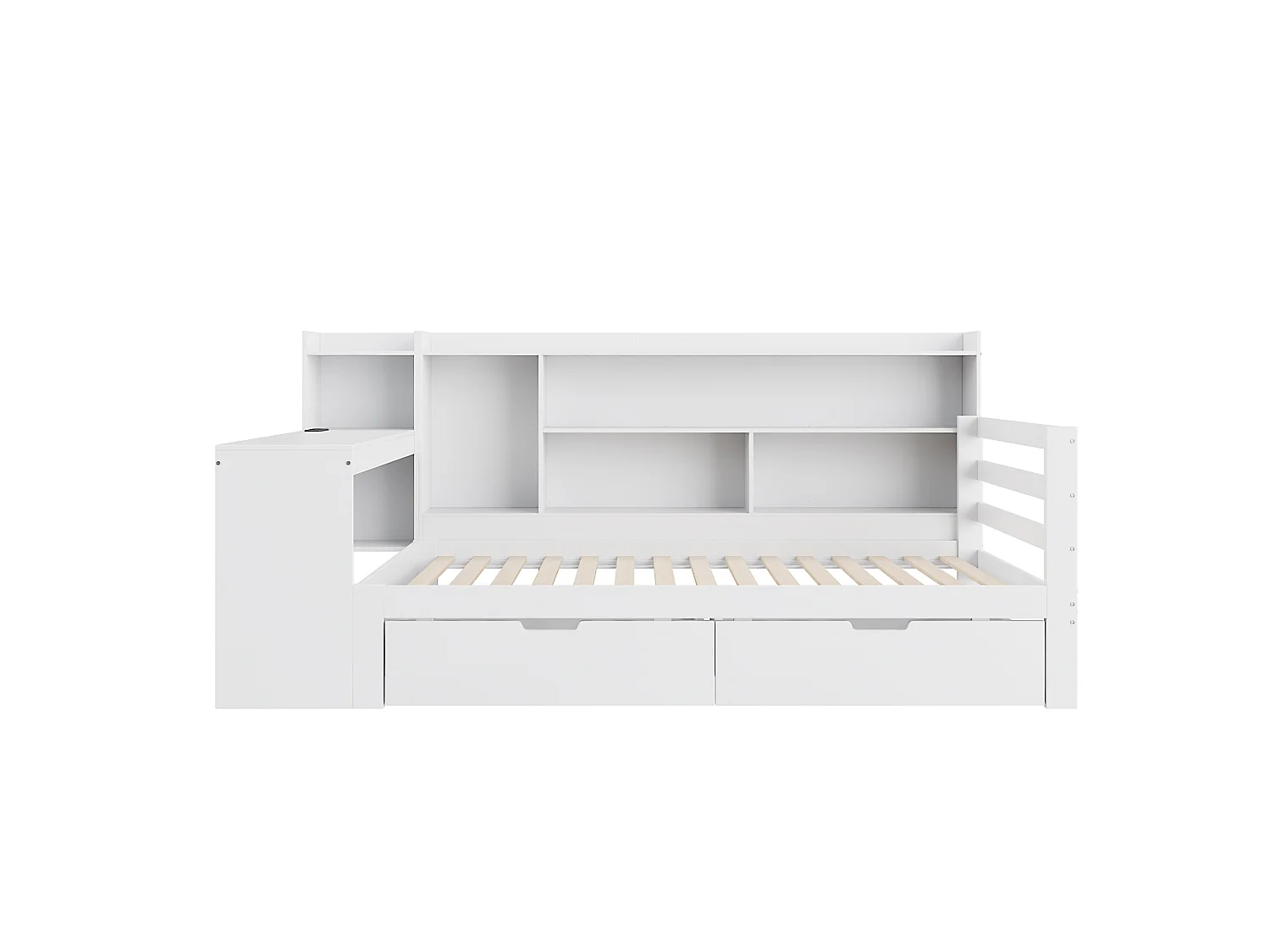 Canapé Lit Bois Massif 90x200 cm avec Bureau Étagère Tiroirs Rangement, Prise USB Multifonctionnel, Blanc