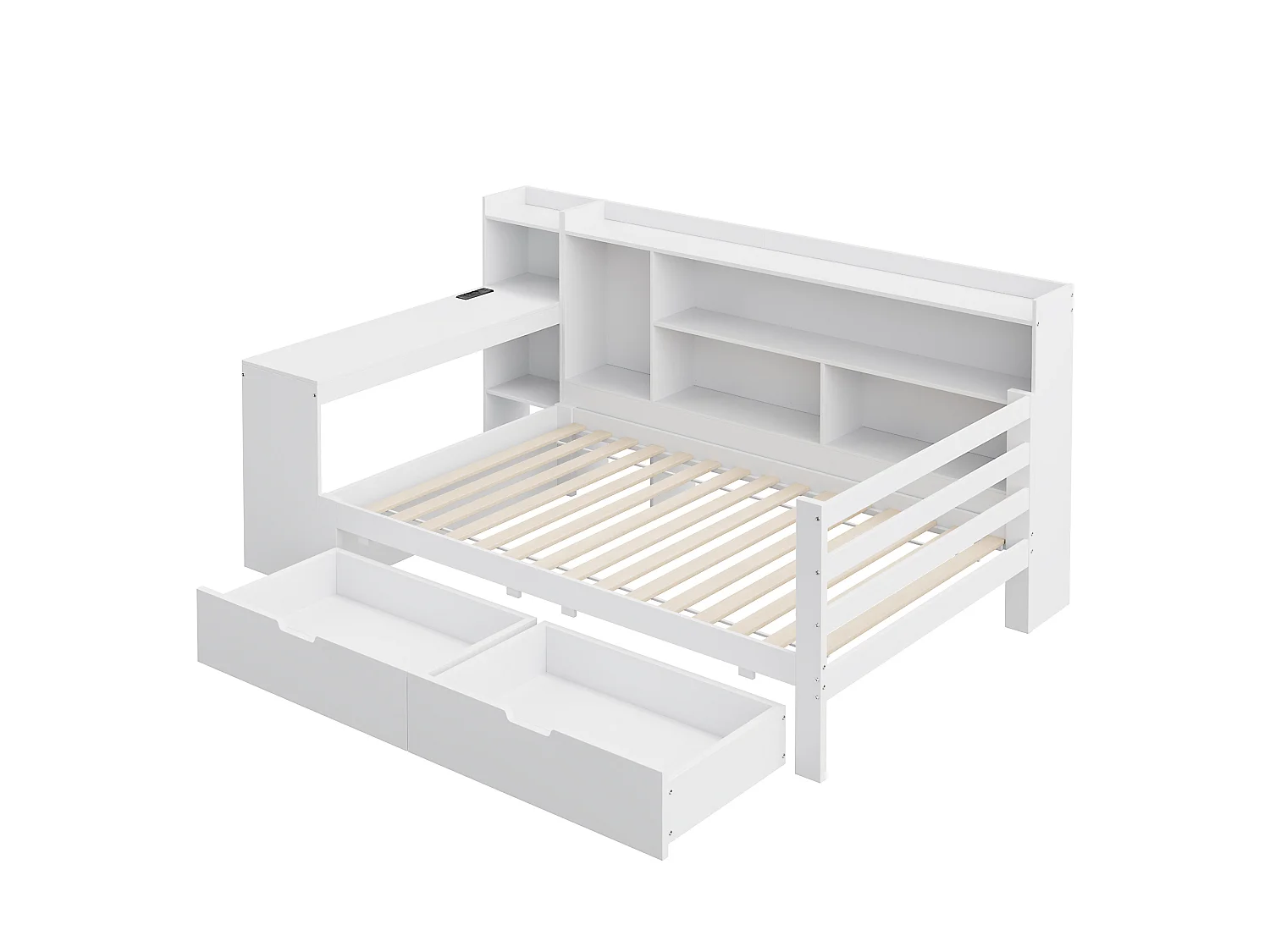 Canapé Lit Bois Massif 90x200 cm avec Bureau Étagère Tiroirs Rangement, Prise USB Multifonctionnel, Blanc