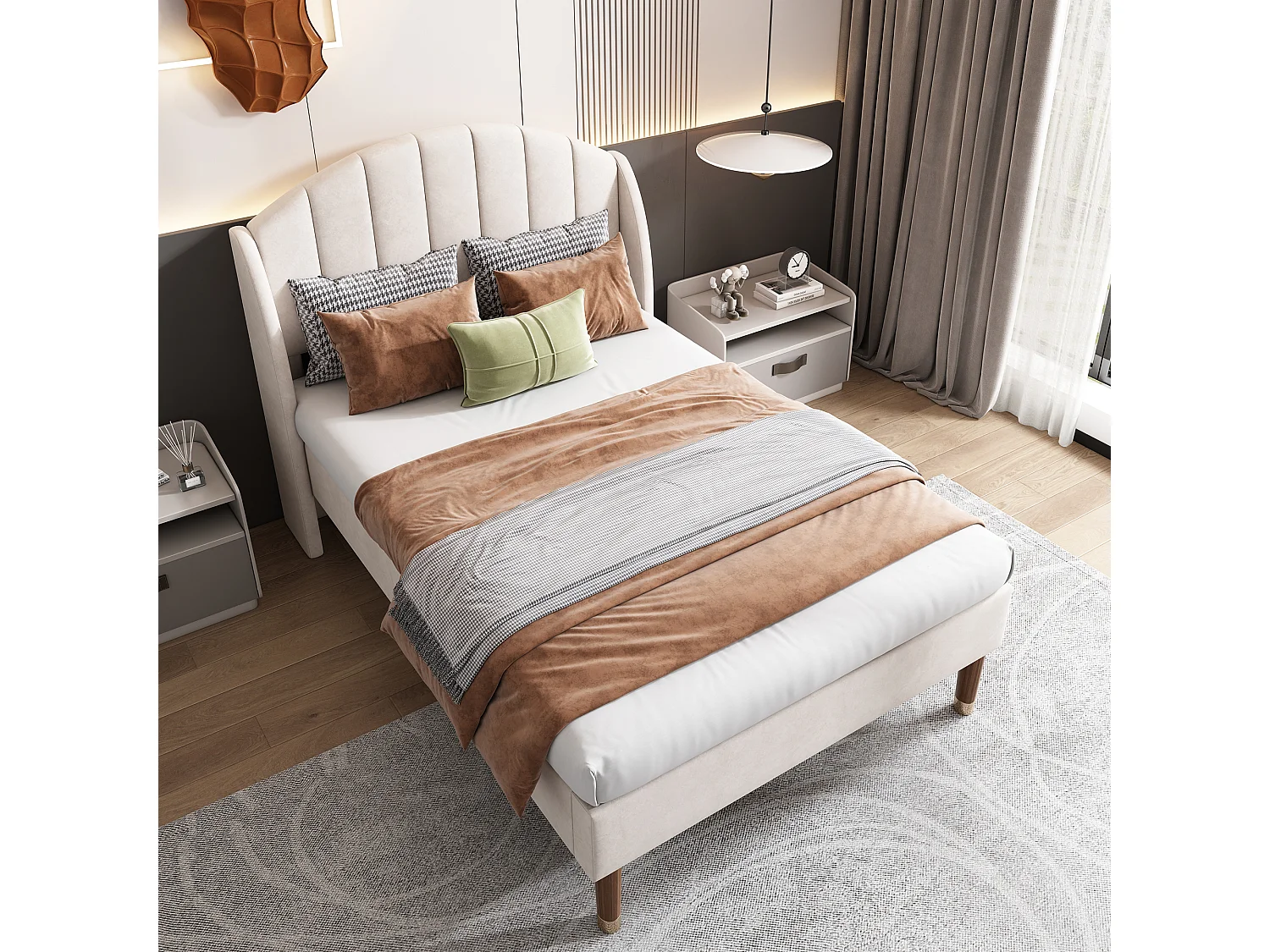 Lit simple rembourré 90x200 cm en velours, avec sommier à lattes et tête de lit, lit ado facile à monter, beige