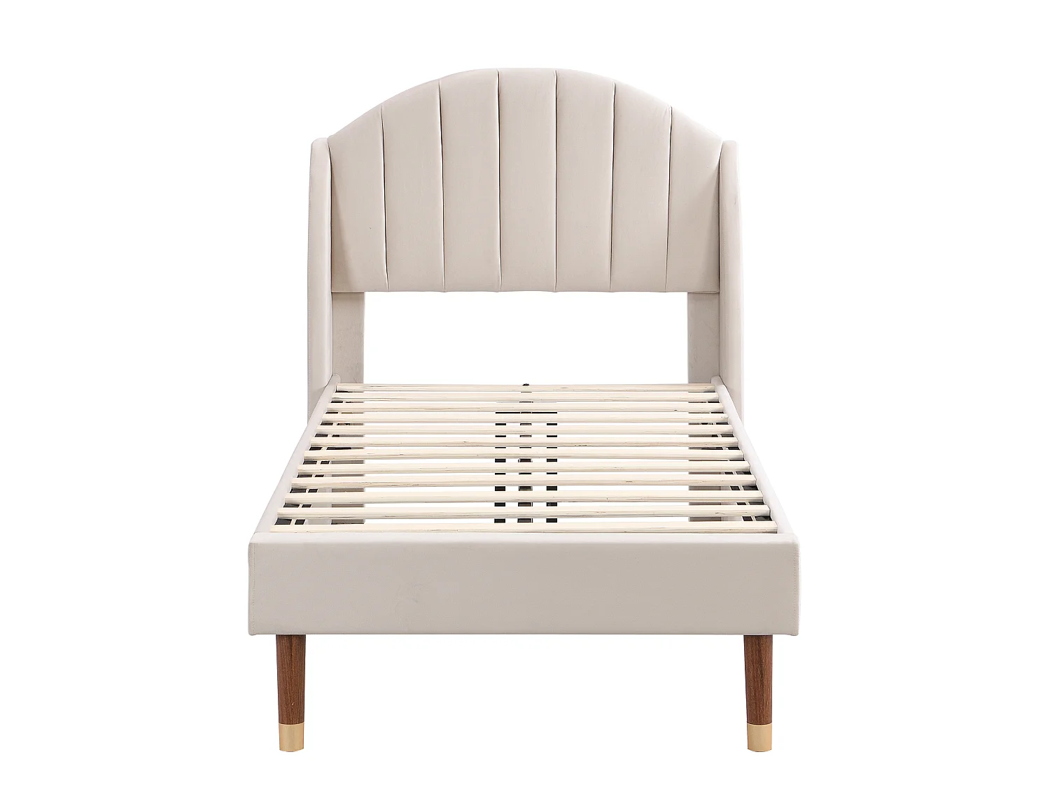 Lit simple rembourré 90x200 cm en velours, avec sommier à lattes et tête de lit, lit ado facile à monter, beige