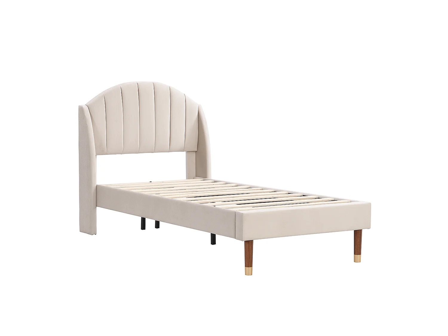 Lit simple rembourré 90x200 cm en velours, avec sommier à lattes et tête de lit, lit ado facile à monter, beige
