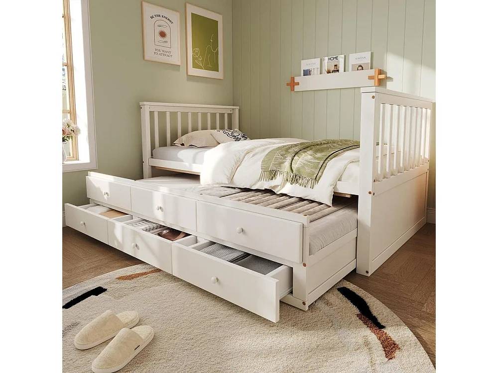 Lit enfant 90 x 200 cm bois massif tiroirs rangement lit gigogne extensible style moderne gain de place chambre, blanc