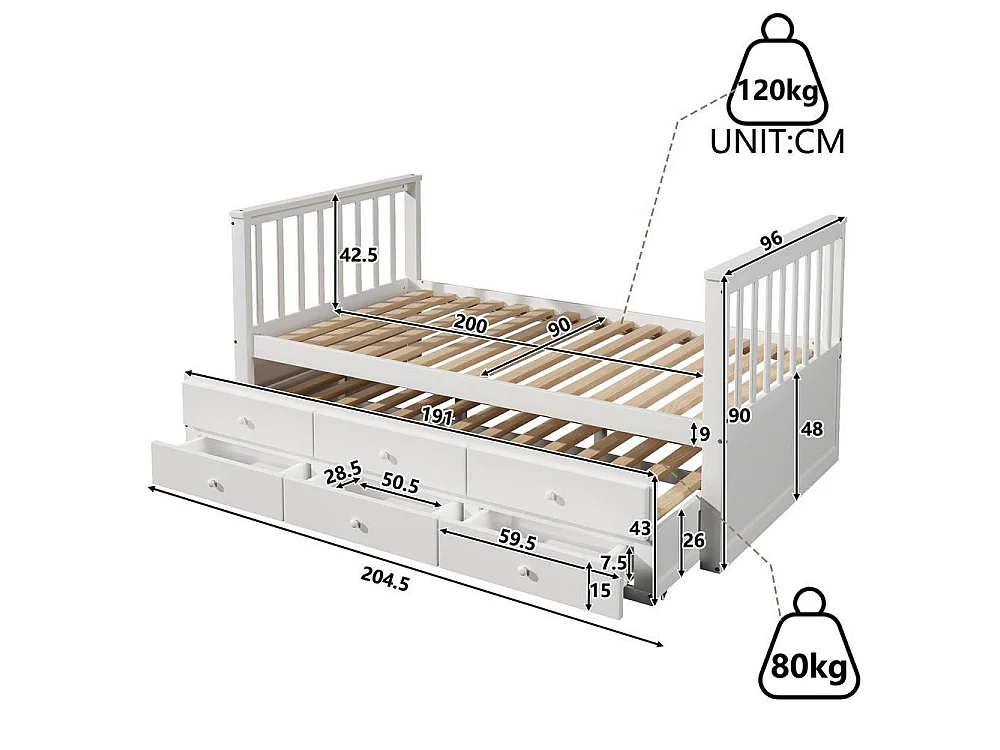 Lit enfant 90 x 200 cm bois massif tiroirs rangement lit gigogne extensible style moderne gain de place chambre, blanc