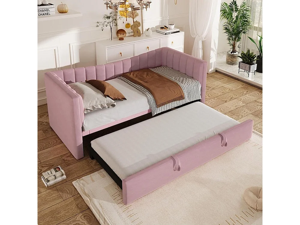 Lit daybed 90x200 cm avec tiroir gigogne, canapé convertible, velours rose, design minimaliste, double ou simple, sans matelas