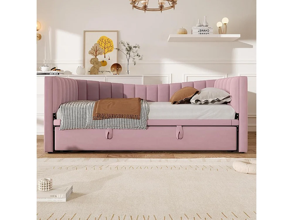 Lit daybed 90x200 cm avec tiroir gigogne, canapé convertible, velours rose, design minimaliste, double ou simple, sans matelas