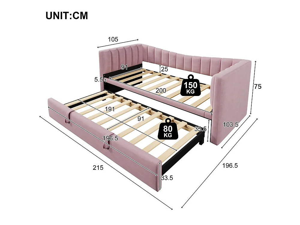 Lit daybed 90x200 cm avec tiroir gigogne, canapé convertible, velours rose, design minimaliste, double ou simple, sans matelas
