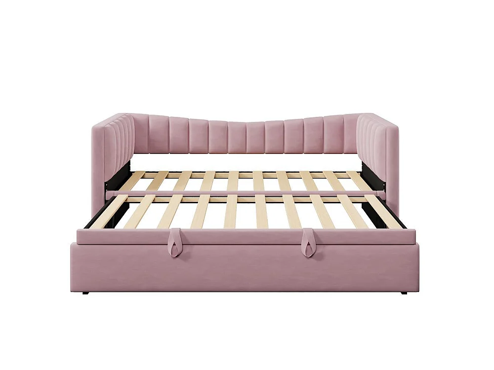 Lit daybed 90x200 cm avec tiroir gigogne, canapé convertible, velours rose, design minimaliste, double ou simple, sans matelas