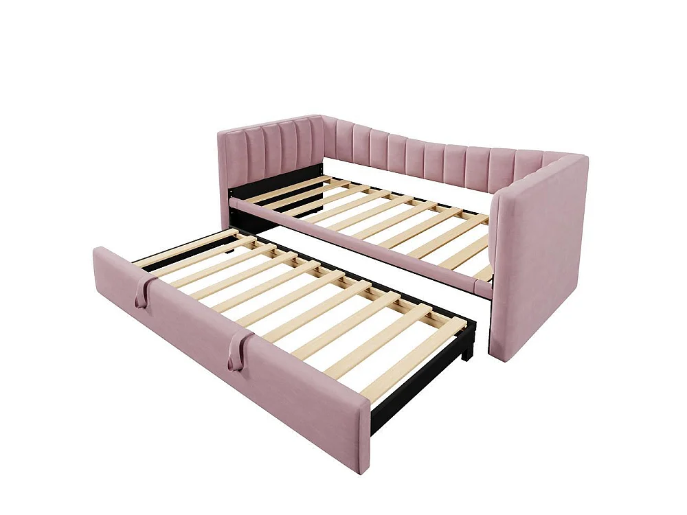 Lit daybed 90x200 cm avec tiroir gigogne, canapé convertible, velours rose, design minimaliste, double ou simple, sans matelas