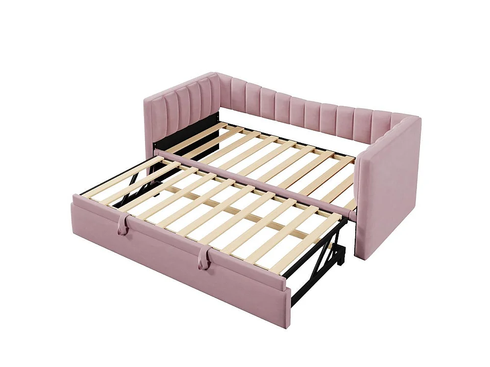 Lit daybed 90x200 cm avec tiroir gigogne, canapé convertible, velours rose, design minimaliste, double ou simple, sans matelas