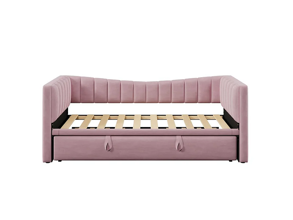 Lit daybed 90x200 cm avec tiroir gigogne, canapé convertible, velours rose, design minimaliste, double ou simple, sans matelas