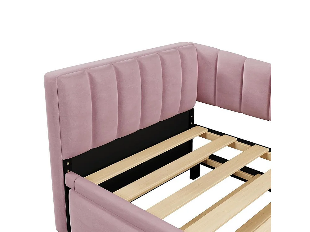 Lit daybed 90x200 cm avec tiroir gigogne, canapé convertible, velours rose, design minimaliste, double ou simple, sans matelas