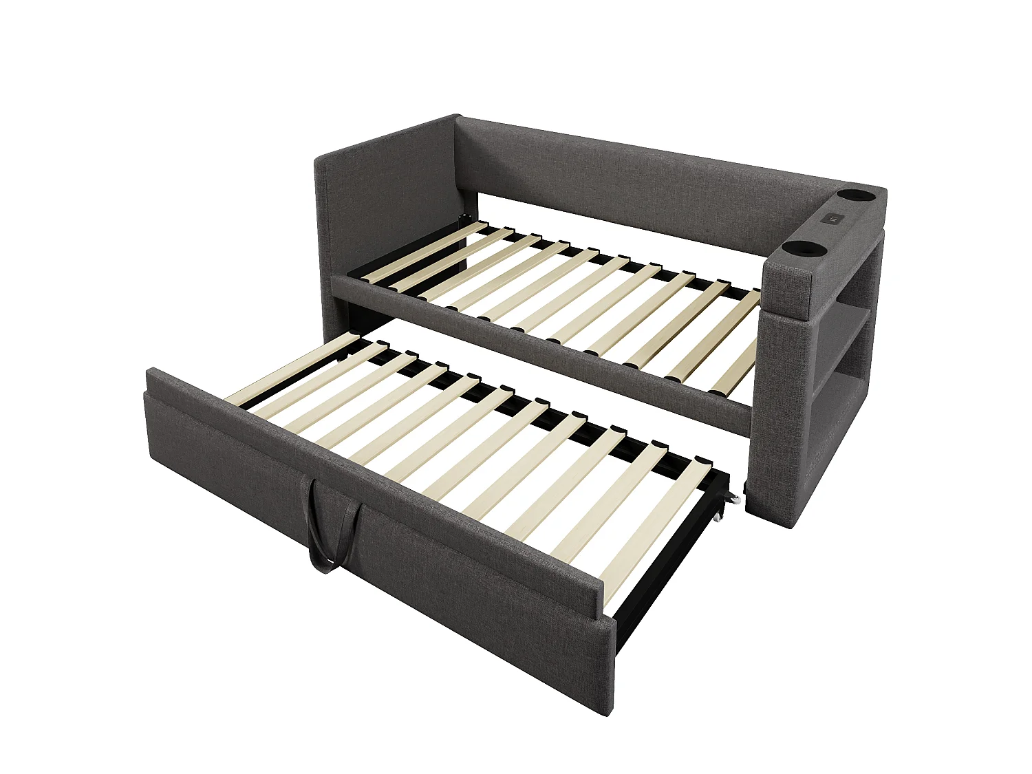 Lit 90x190 cm, canapé lit escamotable, accoudoirs avec USB-C et porte-gobelets, lin gris, sans matelas