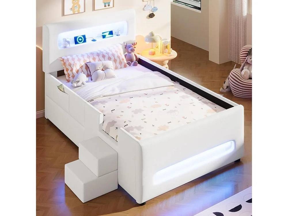 Lit plateforme capitonné 90x200cm, escalier, tiroirs, LED, USB, pochettes rangement, robuste, moderne, sécurisé, blanc