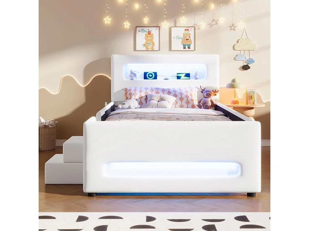 Lit plateforme capitonné 90x200cm, escalier, tiroirs, LED, USB, pochettes rangement, robuste, moderne, sécurisé, blanc