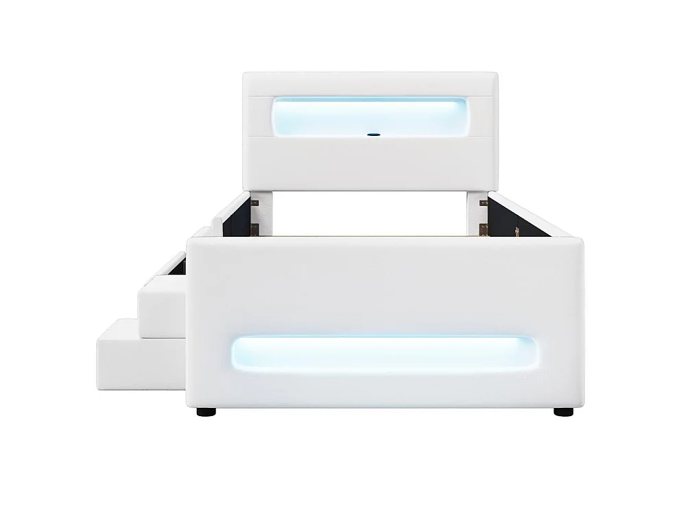 Lit plateforme capitonné 90x200cm, escalier, tiroirs, LED, USB, pochettes rangement, robuste, moderne, sécurisé, blanc