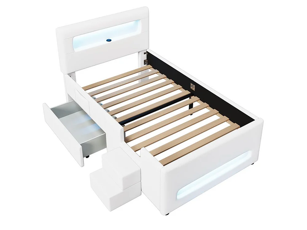 Lit plateforme capitonné 90x200cm, escalier, tiroirs, LED, USB, pochettes rangement, robuste, moderne, sécurisé, blanc