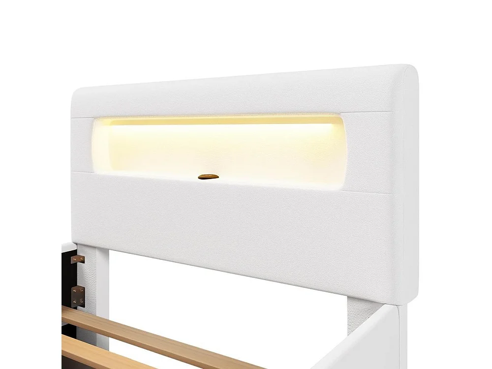 Lit plateforme capitonné 90x200cm, escalier, tiroirs, LED, USB, pochettes rangement, robuste, moderne, sécurisé, blanc