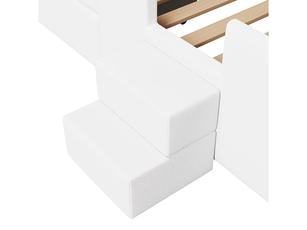 Lit plateforme capitonné 90x200cm, escalier, tiroirs, LED, USB, pochettes rangement, robuste, moderne, sécurisé, blanc