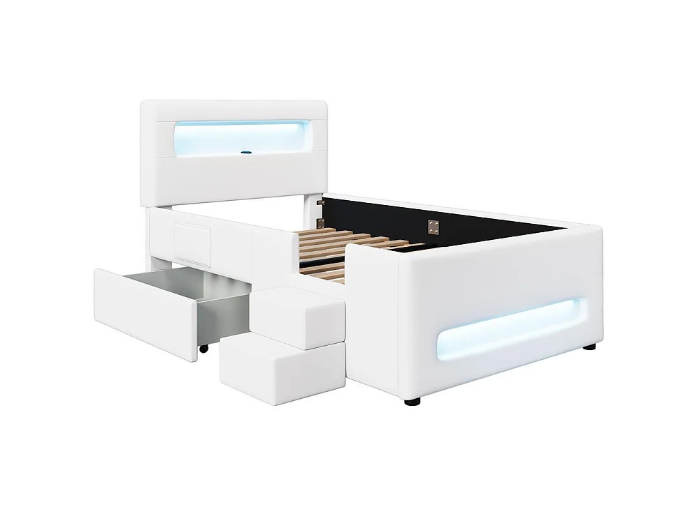Lit plateforme capitonné 90x200cm, escalier, tiroirs, LED, USB, pochettes rangement, robuste, moderne, sécurisé, blanc