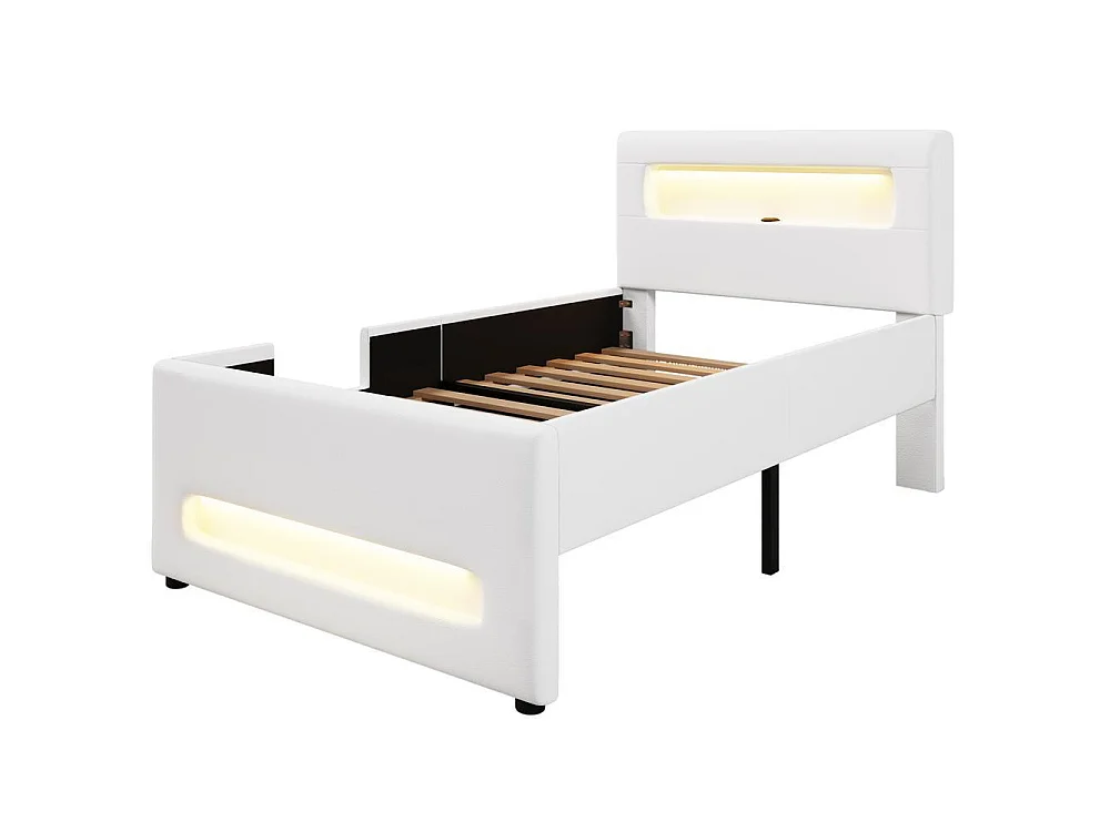 Lit plateforme capitonné 90x200cm, escalier, tiroirs, LED, USB, pochettes rangement, robuste, moderne, sécurisé, blanc