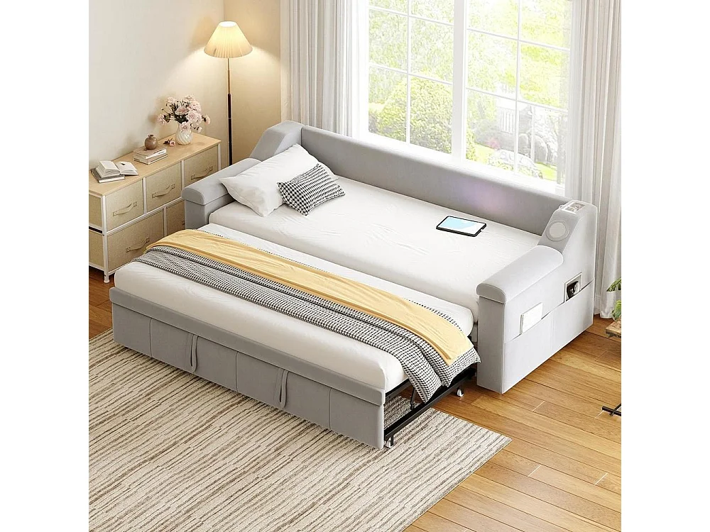 Canapé-lit 90/180x190 cm, Bluetooth, USB, rangements accoudoirs, sommier lattes, velours, confortable, gris clair
