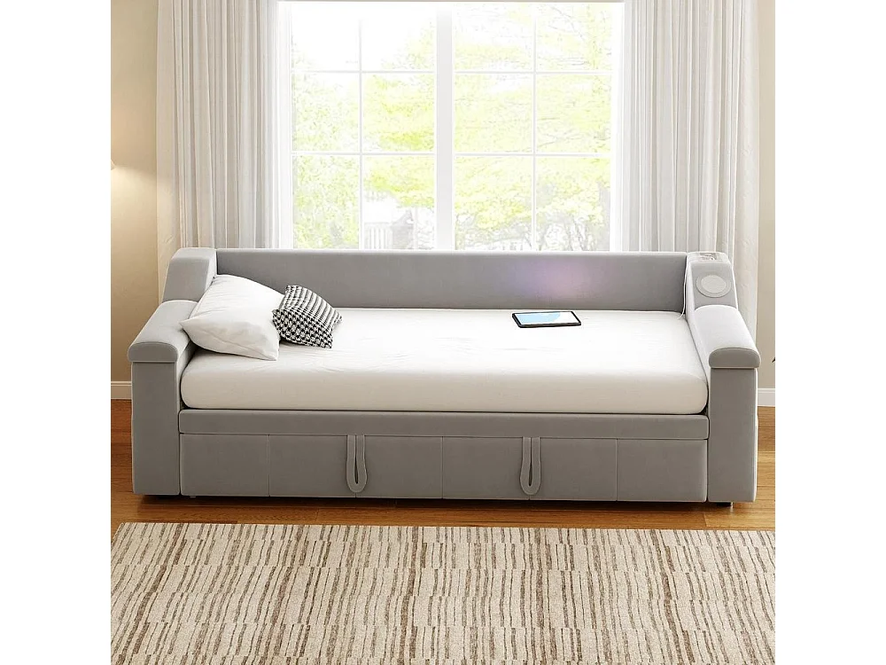 Canapé-lit 90/180x190 cm, Bluetooth, USB, rangements accoudoirs, sommier lattes, velours, confortable, gris clair