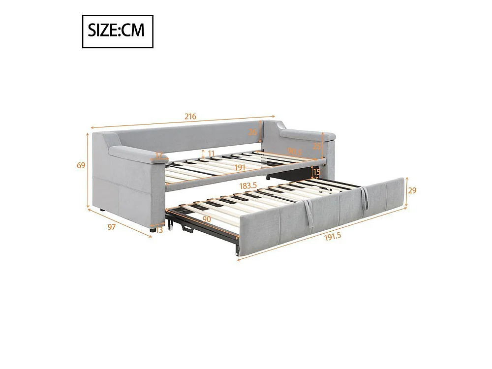 Canapé-lit 90/180x190 cm, Bluetooth, USB, rangements accoudoirs, sommier lattes, velours, confortable, gris clair
