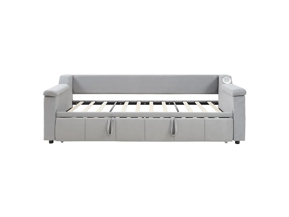 Canapé-lit 90/180x190 cm, Bluetooth, USB, rangements accoudoirs, sommier lattes, velours, confortable, gris clair