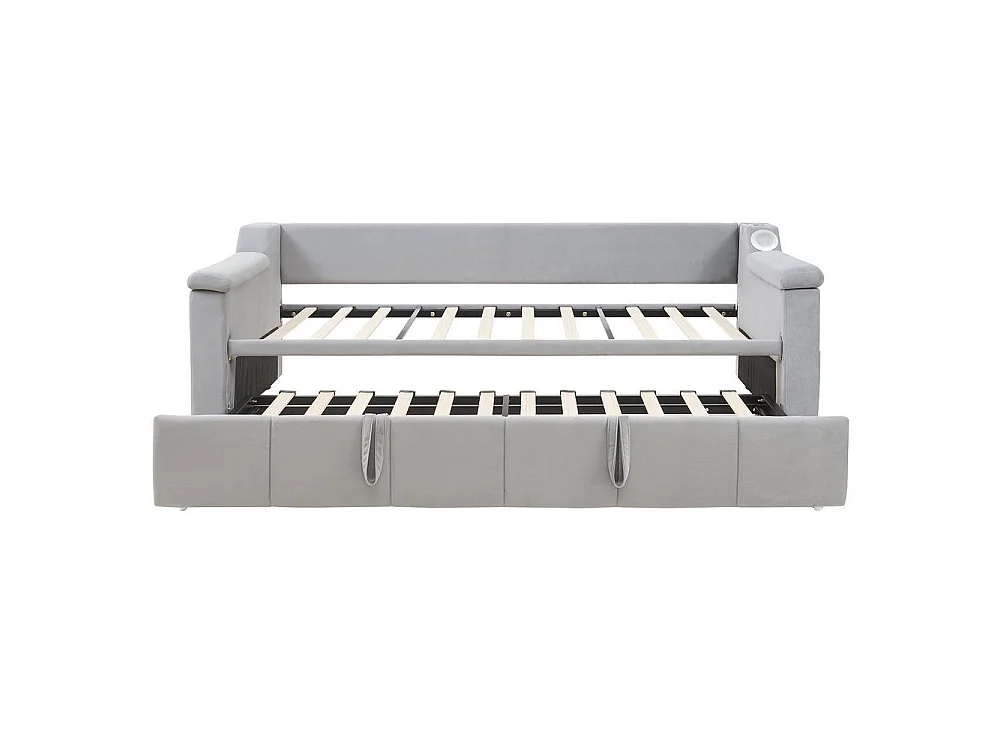 Canapé-lit 90/180x190 cm, Bluetooth, USB, rangements accoudoirs, sommier lattes, velours, confortable, gris clair