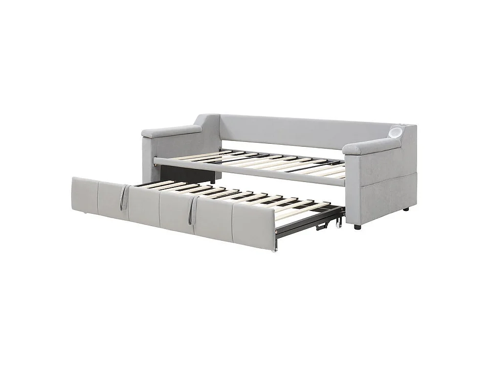 Canapé-lit 90/180x190 cm, Bluetooth, USB, rangements accoudoirs, sommier lattes, velours, confortable, gris clair