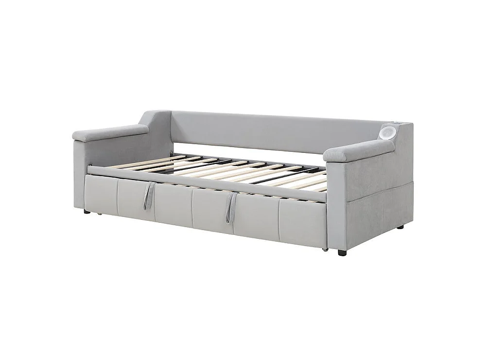 Canapé-lit 90/180x190 cm, Bluetooth, USB, rangements accoudoirs, sommier lattes, velours, confortable, gris clair
