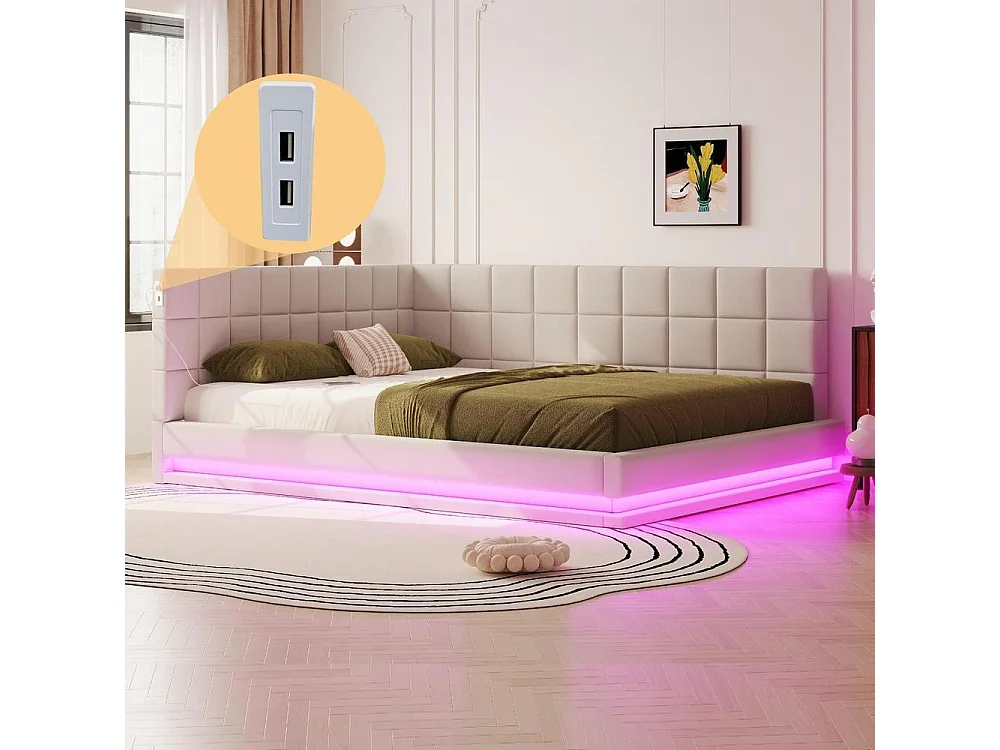 Canapé-lit 160x200 cm, LED musicale, USB, sommier à lattes, lin, convertible en lit, confortable, beige