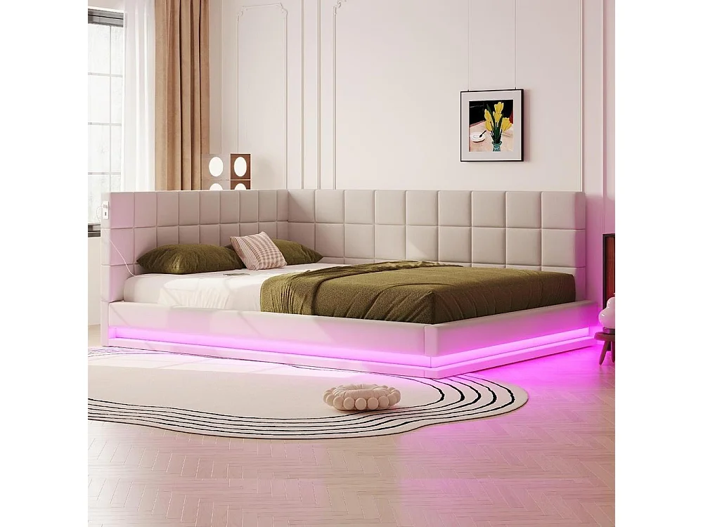 Canapé-lit 160x200 cm, LED musicale, USB, sommier à lattes, lin, convertible en lit, confortable, beige