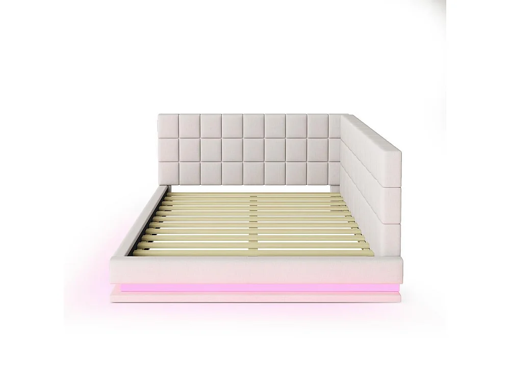Canapé-lit 160x200 cm, LED musicale, USB, sommier à lattes, lin, convertible en lit, confortable, beige