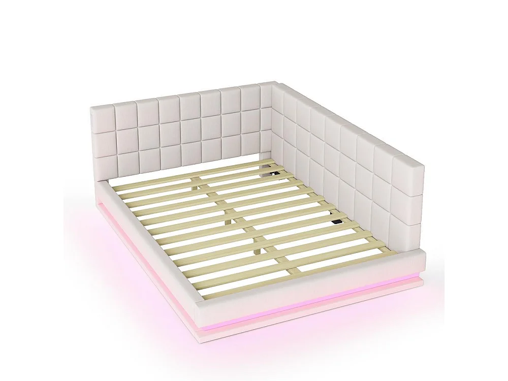 Canapé-lit 160x200 cm, LED musicale, USB, sommier à lattes, lin, convertible en lit, confortable, beige