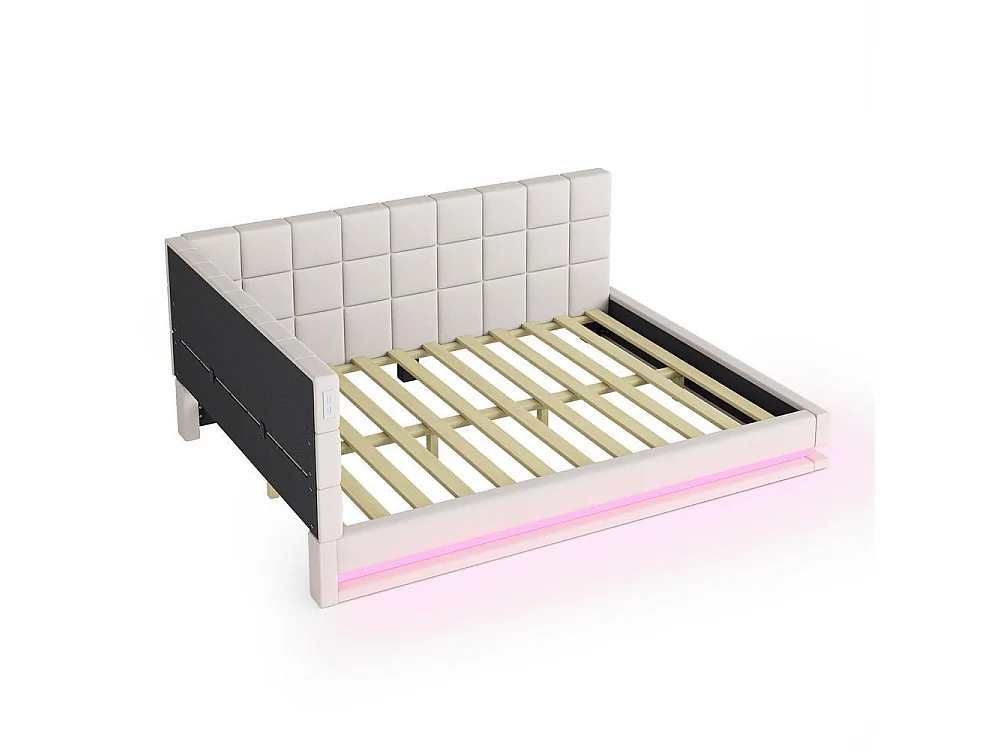 Canapé-lit 160x200 cm, LED musicale, USB, sommier à lattes, lin, convertible en lit, confortable, beige