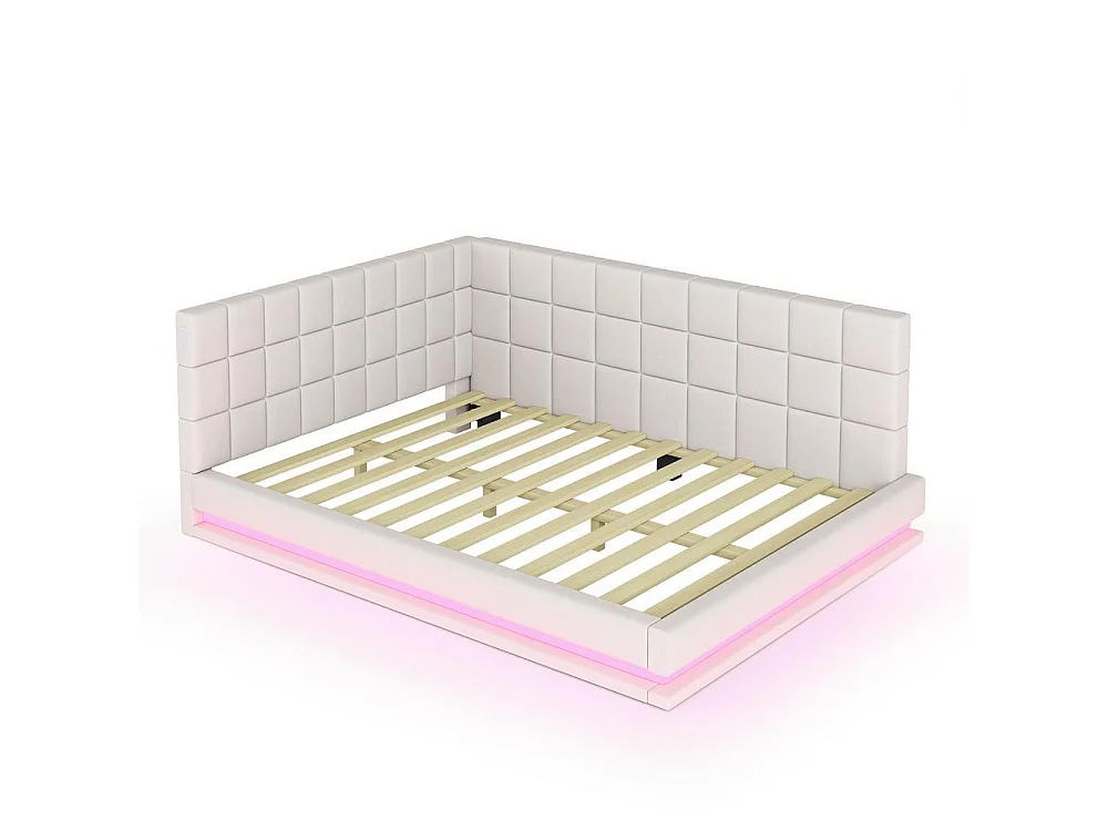 Canapé-lit 160x200 cm, LED musicale, USB, sommier à lattes, lin, convertible en lit, confortable, beige