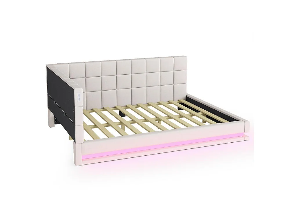 Canapé-lit 160x200 cm, LED musicale, USB, sommier à lattes, lin, convertible en lit, confortable, beige
